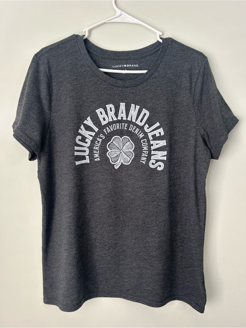 Lucky Brand Jeans Womens Gray T-Shirt Graphic with Glitter lettering crew neck L